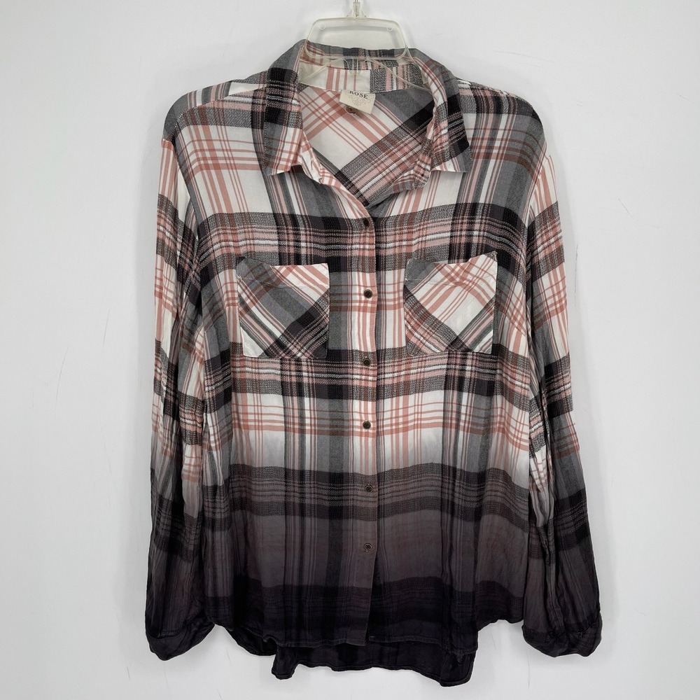 Knox Rose Women's Pink Ombre Plaid Crochet Back Button Front Top Shirt Size L